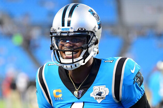 CHARLOTTE, NORTH CAROLINA - SEPTEMBER 12: Cam Newton #1 of the Carolina Panthers before their game against the Tampa Bay Buccaneers at Bank of America Stadium on September 12, 2019 in Charlotte, North Carolina. (Photo by Jacob Kupferman/Getty Images)