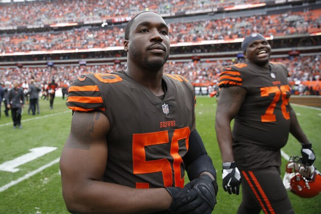 CLEVELAND, OH - OCTOBER 07: Chris Smith #50 and Greg Robinson #78 of the Cleveland Browns walk off the field after the game against the Baltimore Ravens at FirstEnergy Stadium on October 7, 2018 in Cleveland, Ohio. The Browns won 12-9 in overtime. (Photo by Joe Robbins/Getty Images) CLEVELAND, OH - OCTOBER 07: Chris Smith #50 and Greg Robinson #78 of the Cleveland Browns walk off the field after the game against the Baltimore Ravens at FirstEnergy Stadium on October 7, 2018 in Cleveland, Ohio. The Browns won 12-9 in overtime. (Photo by Joe Robbins/Getty Images)