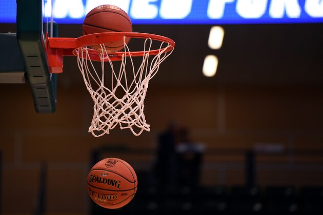 ANCHORAGE, AK - NOVEMBER 08: Basketballs fall through a net ahead of the game between the Washington Huskies and the Baylor Bears during the ESPN Armed Forces Classic at Alaska Airlines Center on November 8, 2019 in Anchorage, Alaska. Washington won 67-64. (Photo by Lance King/Getty Images)