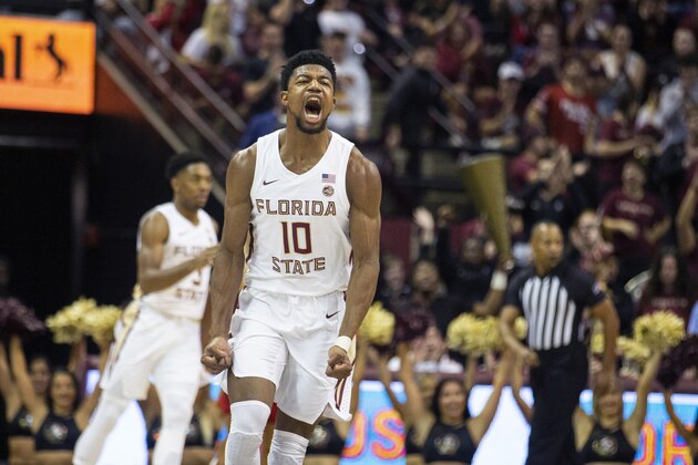 Florida State forward Malik Osborne (10) reacts after hitting a three-point basket against Louisville in the first half of an NCAA college basketball game in Tallahassee, Fla., Monday, Feb. 24, 2020. (AP Photo/Mark Wallheiser)