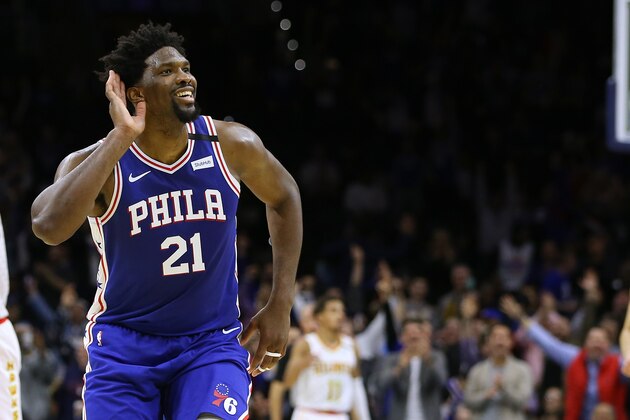 PHILADELPHIA, PA - FEBRUARY 24: Joel Embiid #21 of the Philadelphia 76ers gestures after scoring a three-point basket for his career high 49th point during the second half of an NBA basketball game against of the Atlanta Hawks at Wells Fargo Center on February 24, 2020 in Philadelphia, Pennsylvania. The Sixers defeated the Hawks 129-112. (Photo by Rich Schultz/Getty Images)