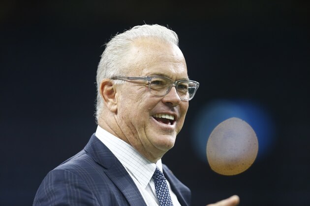 Dallas Cowboys Executive Vice President, CEO, and Director of Player Personnel Stephen Jones talks on the field before an NFL football game against the New Orleans Saints in New Orleans, Sunday, Sept. 29, 2019. (AP Photo/Butch Dill)