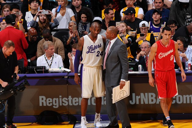LOS ANGELES, CA - DECEMBER 25:  Kobe Bryant #24 of the Los Angeles Lakers talks with Doc Rivers of the Los Angeles Clippers after the game at Staples Center on December 25, 2015 in Los Angeles, California. NOTE TO USER: User expressly acknowledges and agrees that, by downloading and/or using this Photograph, user is consenting to the terms and conditions of the Getty Images License Agreement. Mandatory Copyright Notice: Copyright 2015 NBAE (Photo by Juan Ocampo/NBAE via Getty Images)