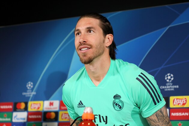 MADRID, SPAIN - FEBRUARY 25: Sergio Ramos of Real Madrid looks on during a press conference ahead of their UEFA Champions League round of 16 first leg match against Manchester City at Valdebebas training ground on February 25, 2020 in Madrid, Spain. (Photo by Angel Martinez/Getty Images)