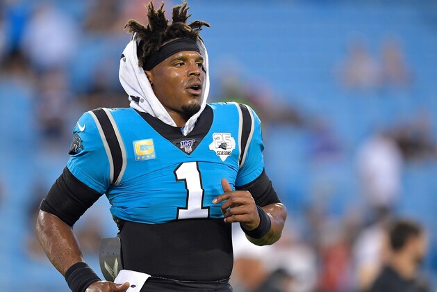 CHARLOTTE, NORTH CAROLINA - SEPTEMBER 12: Cam Newton #1 of the Carolina Panthers against the Tampa Bay Buccaneers during the first quarter of their game at Bank of America Stadium on September 12, 2019 in Charlotte, North Carolina. (Photo by Grant Halverson/Getty Images)