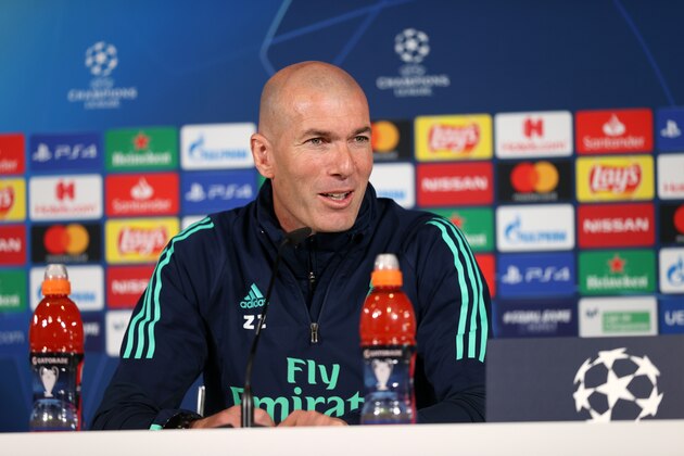 MADRID, SPAIN - FEBRUARY 25: Zinedine Zidane, Head Coach of Real Madrid speaks to the media during a press conference ahead of their UEFA Champions League round of 16 first leg match against Manchester City at Valdebebas training ground on February 25, 2020 in Madrid, Spain. (Photo by Angel Martinez/Getty Images)