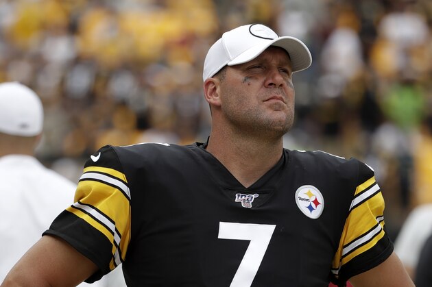 Pittsburgh Steelers quarterback Ben Roethlisberger (7) walks off the field as time runs out in a 28-26 loss to the Seattle Seahawks in an NFL football game in Pittsburgh, Sunday, Sept. 15, 2019. Roethlisberger did not play the second half of the game. (AP Photo/Gene J. Puskar)