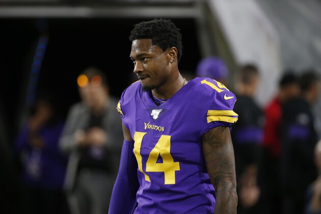 Minnesota Vikings wide receiver Stefon Diggs walks on the field before an NFL football game against the Washington Redskins, Thursday, Oct. 24, 2019, in Minneapolis. (AP Photo/Bruce Kluckhohn)