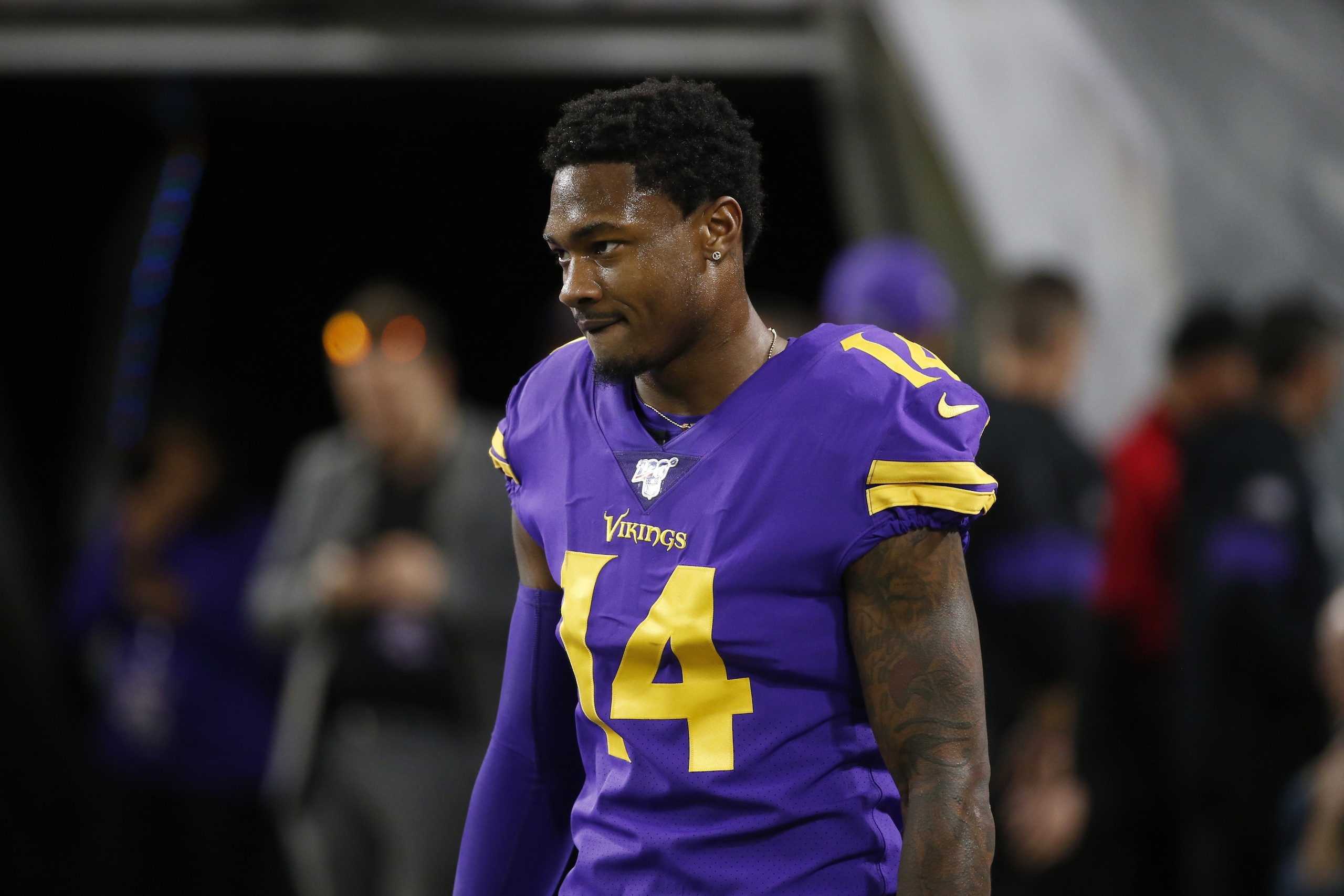 Minnesota Vikings wide receiver Stefon Diggs walks on the field before an NFL football game against the Washington Redskins, Thursday, Oct. 24, 2019, in Minneapolis. (AP Photo/Bruce Kluckhohn)
