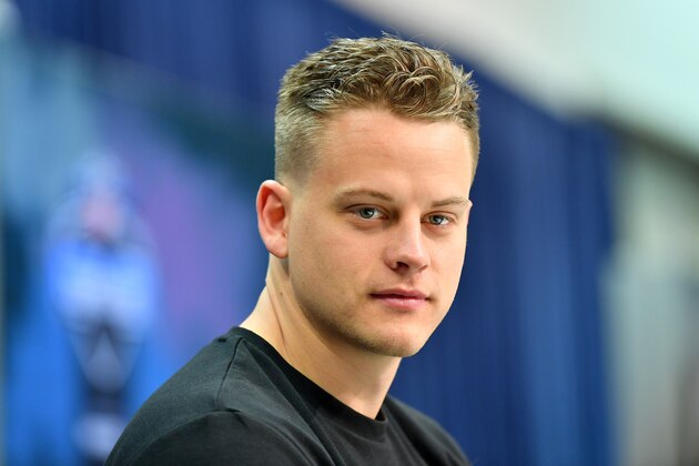 INDIANAPOLIS, INDIANA - FEBRUARY 25: Joe Burrow #QB02 of LSU interviews during the first day of the 2020 NFL Draft at Lucas Oil Stadium on February 25, 2020 in Indianapolis, Indiana. (Photo by Alika Jenner/Getty Images)