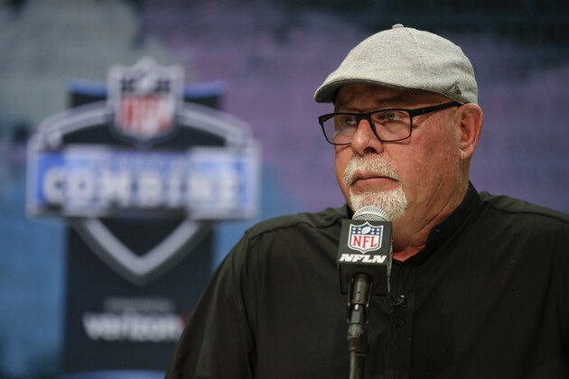 Tampa Bay Buccaneers head coach Bruce Arians speaks during a press conference at the NFL football scouting combine in Indianapolis, Tuesday, Feb. 25, 2020. (AP Photo/Michael Conroy)