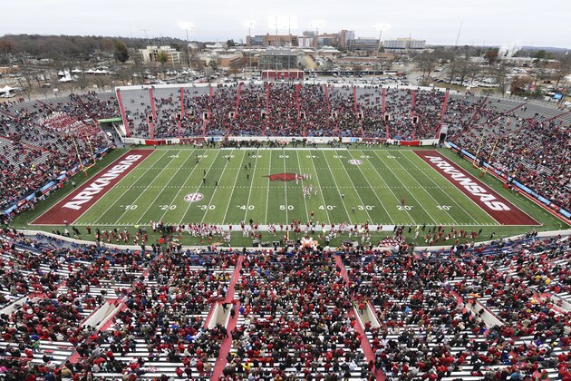 Arkansas gets ready to start the second half against Missouri at War Memorial Stadium during an NCAA college football game, Friday, Nov. 29, 2019 in Little Rock, Ark. (AP Photo/Michael Woods)