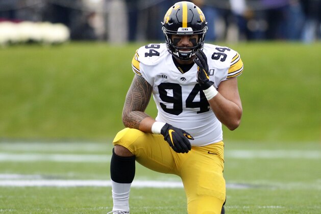 EVANSTON, ILLINOIS - OCTOBER 26: A.J. Epenesa #94 of the Iowa Hawkeyes on the field in the game against the Northwestern Wildcats at Ryan Field on October 26, 2019 in Evanston, Illinois. (Photo by Justin Casterline/Getty Images)