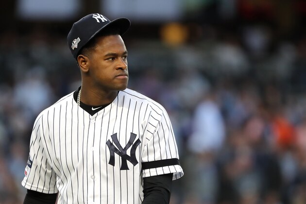 NEW YORK, NEW YORK - OCTOBER 15: Luis Severino #40 of the New York Yankees walks to the dugout prior to the fifth inning as the home plate umpire is replaced in game three of the American League Championship Series at Yankee Stadium on October 15, 2019 in New York City. (Photo by Elsa/Getty Images)