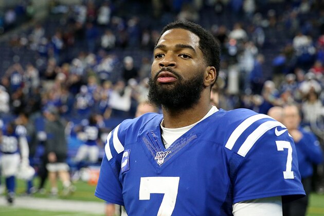 INDIANAPOLIS, INDIANA - DECEMBER 22: Jacoby Brissett #7 of the Indianapolis Colts on the field after a win over the Carolina Panthers at Lucas Oil Stadium on December 22, 2019 in Indianapolis, Indiana. (Photo by Justin Casterline/Getty Images)