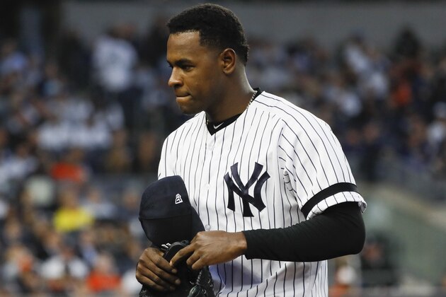 New York Yankees starting pitcher Luis Severino leaves the game against the Houston Astros during the fifth inning in Game 3 of baseball's American League Championship Series Tuesday, Oct. 15, 2019, in New York. (AP Photo/Matt Slocum)