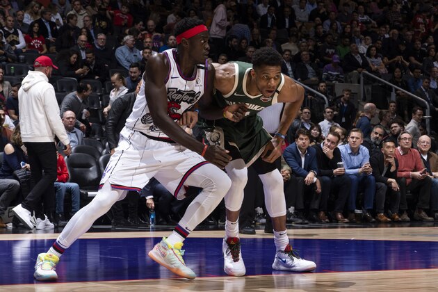TORONTO, CANADA - FEBRUARY 25: Pascal Siakam #43 of the Toronto Raptors and Giannis Antetokounmpo #34 of the Milwaukee Bucks look on during the game on February 25, 2020 at the Scotiabank Arena in Toronto, Ontario, Canada.  NOTE TO USER: User expressly acknowledges and agrees that, by downloading and or using this Photograph, user is consenting to the terms and conditions of the Getty Images License Agreement.  Mandatory Copyright Notice: Copyright 2020 NBAE (Photo by Mark Blinch/NBAE via Getty Images)