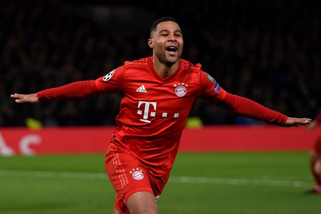 LONDON, ENGLAND - FEBRUARY 25: Serge Gnabry FC Bayern Munich celebrates after scoring his team's second goal during the UEFA Champions League round of 16 first leg match between Chelsea FC and FC Bayern Muenchen at Stamford Bridge on February 25, 2020 in London, United Kingdom. (Photo by Harriet Lander/Copa/Getty Images)