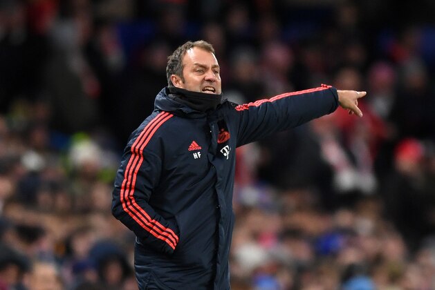 LONDON, ENGLAND - FEBRUARY 25: Hans-Dieter Flick, Head Coach of Bayern Munich reacts during the UEFA Champions League round of 16 first leg match between Chelsea FC and FC Bayern Muenchen at Stamford Bridge on February 25, 2020 in London, United Kingdom. (Photo by Shaun Botterill/Getty Images)