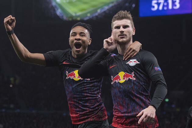 LONDON, ENGLAND - FEBRUARY 19: Timo Werner of RB Leipzig (right) celebrates scoring the winning goal with Christopher Nkunku during the UEFA Champions League round of 16 first leg match between Tottenham Hotspur and RB Leipzig at Tottenham Hotspur Stadium on February 19, 2020 in London, United Kingdom. (Photo by Visionhaus)