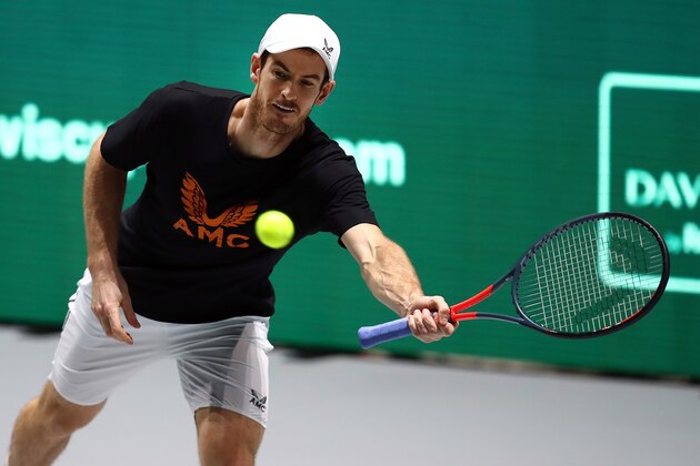 MADRID, SPAIN - NOVEMBER 22: Andy Murray of Great Britain in action during a practice session ahead of his quarter final match on Day Five of the 2019 Davis Cup at La Caja Magica on November 22, 2019 in Madrid, Spain. (Photo by Clive Brunskill/Getty Images for LTA)