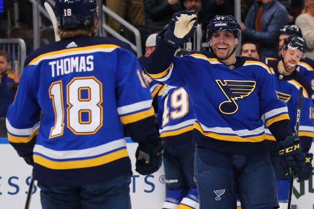 ST. LOUIS, MO - FEBRUARY 25: David Perron #57 of the St. Louis Blues celebrates after Robert Thomas #18 of the St. Louis Blues scored a goal against the Chicago Blackhawks during the second period at the Enterprise Center on February 25, 2020 in St. Louis, Missouri. (Photo by Dilip Vishwanat/Getty Images) ST. LOUIS, MO - FEBRUARY 25: David Perron #57 of the St. Louis Blues celebrates after Robert Thomas #18 of the St. Louis Blues scored a goal against the Chicago Blackhawks during the second period at the Enterprise Center on February 25, 2020 in St. Louis, Missouri. (Photo by Dilip Vishwanat/Getty Images)