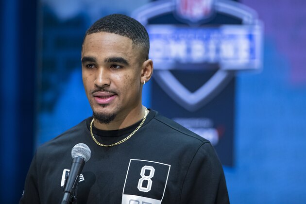 INDIANAPOLIS, IN - FEBRUARY 25: Jalen Hurts #QB08 of the Oklahoma Sooners speaks to the media at the Indiana Convention Center on February 25, 2020 in Indianapolis, Indiana. (Photo by Michael Hickey/Getty Images) *** Local Capture *** Jalen Hurts