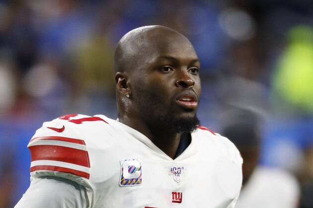 New York Giants outside linebacker Alec Ogletree watches against the Detroit Lions during an NFL football game in Detroit, Sunday, Oct. 27, 2019. (AP Photo/Paul Sancya)