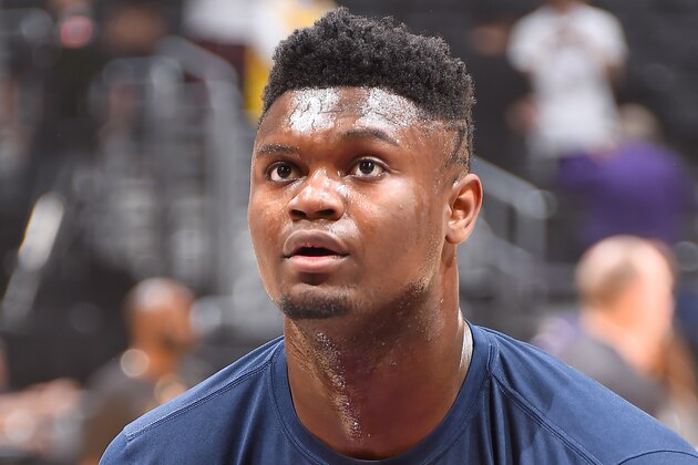 LOS ANGELES, CA - FEBRUARY 25: Zion Williamson #1 of the New Orleans Pelicans warms up before the game against the Los Angeles Lakers on February 25, 2020 at STAPLES Center in Los Angeles, California. NOTE TO USER: User expressly acknowledges and agrees that, by downloading and/or using this Photograph, user is consenting to the terms and conditions of the Getty Images License Agreement. Mandatory Copyright Notice: Copyright 2020 NBAE (Photo by Andrew D. Bernstein/NBAE via Getty Images)