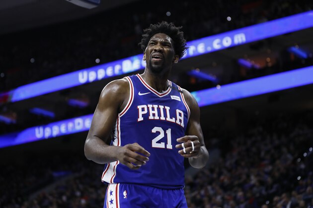 Philadelphia 76ers' Joel Embiid reacts during an NBA basketball game against the Atlanta Hawks, Monday, Feb. 24, 2020, in Philadelphia. (AP Photo/Matt Slocum)