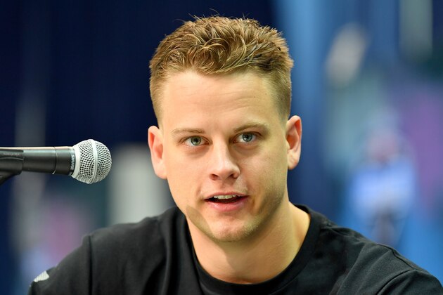 INDIANAPOLIS, INDIANA - FEBRUARY 25: Joe Burrow #QB02 of LSU interviews during the first day of the NFL Scouting Combine at Lucas Oil Stadium on February 25, 2020 in Indianapolis, Indiana. (Photo by Alika Jenner/Getty Images)