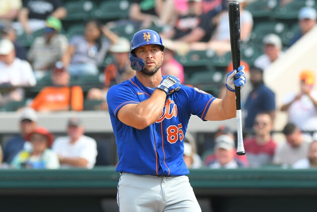 LAKELAND, FL - FEBRUARY 25:  Tim Tebow #85 of the New York Mets looks on while batting during the Spring Training game against the Detroit Tigers at Publix Field at Joker Marchant Stadium on February 25, 2020 in Lakeland, Florida. The Tigers defeated the Mets 9-6.  (Photo by Mark Cunningham/MLB Photos via Getty Images)