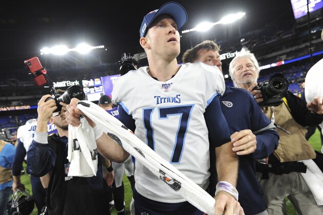 Tennessee Titans quarterback Ryan Tannehill (17) leaves the field after an NFL divisional playoff football game against the Baltimore Ravens, Saturday, Jan. 11, 2020, in Baltimore. The Titans won 28-12. (AP Photo/Gail Burton)