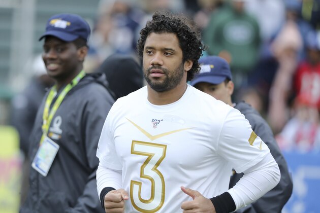 NFC quarterback Russell Wilson of the Seattle Seahawks is seen at the 2020 Pro Bowl Skills Showdown Wednesday, January 22, 2020, in Kissimmee, Fla. The event will be broadcast tomorrow at 9pm ET on ESPN. (AP Photo/Gregory Payan)
