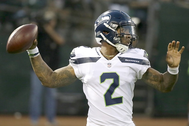 FILE - In this Aug. 31, 2017, file photo, Seattle Seahawks quarterback Trevone Boykin (2) passes against the Oakland Raiders during the first half of an NFL preseason football game in Oakland, Calif. Boykin was sentenced to three years in prison after pleading guilty Wednesday, Feb. 26, 2020, to charges from the 2018 beating of his girlfriend. (AP Photo/Eric Risberg, File)