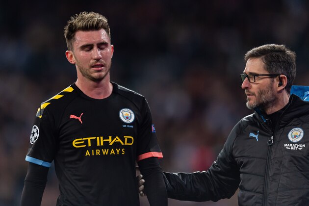 MADRID, SPAIN - FEBRUARY 26: (BILD ZEITUNG OUT) Aymeric Laporte of Manchester City looks dejected  during the UEFA Champions League round of 16 first leg match between Real Madrid and Manchester City at Bernabeu on February 26, 2020 in Madrid, Spain. (Photo by Alejandro Rios/DeFodi Images via Getty Images)