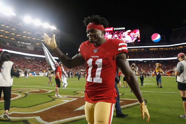 SANTA CLARA, CALIFORNIA - OCTOBER 07: Marquise Goodwin #11 of the San Francisco 49ers celebrates after a win against the Cleveland Browns at Levi's Stadium on October 07, 2019 in Santa Clara, California. (Photo by Lachlan Cunningham/Getty Images)