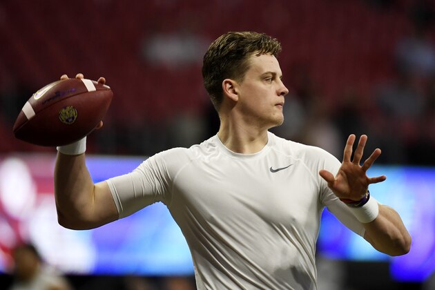 LSU quarterback Joe Burrow warms up before the first half of the Peach Bowl NCAA semifinal college football playoff game between LSU and Oklahoma, Saturday, Dec. 28, 2019, in Atlanta. (AP Photo/Danny Karnik)