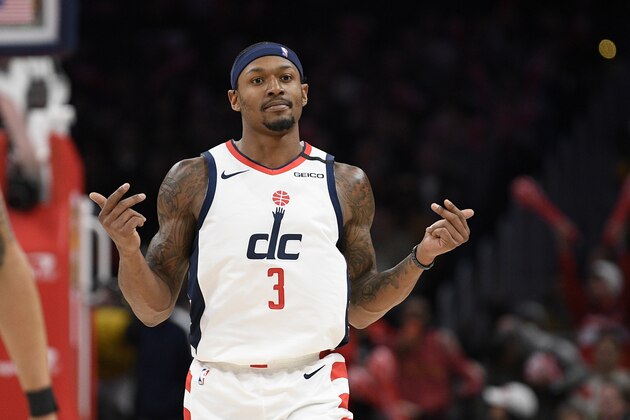 Washington Wizards guard Bradley Beal (3) reacts after a basket during the second half of an NBA basketball game against the Milwaukee Bucks, Monday, Feb. 24, 2020, in Washington. (AP Photo/Nick Wass)