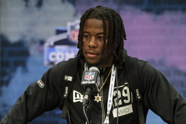 Alabama wide receiver Jerry Jeudy speaks during a press conference at the NFL football scouting combine in Indianapolis, Tuesday, Feb. 25, 2020. (AP Photo/Michael Conroy)
