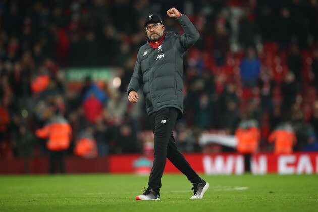 LIVERPOOL, ENGLAND - FEBRUARY 24: Jurgen Klopp the head coach / manager of Liverpool celebrates the 3-2 victory during the Premier League match between Liverpool FC and West Ham United at Anfield on February 24, 2020 in Liverpool, United Kingdom. (Photo by Robbie Jay Barratt - AMA/Getty Images)