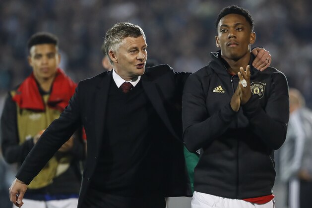 BELGRADE, SERBIA - OCTOBER 24: Manager Ole Gunnar Solskjaer (L) of Manchester United celebrate with Anthony Martial (R) after the UEFA Europa League group L match between Partizan and Manchester United at Partizan Stadium on October 24, 2019 in Belgrade, Serbia. (Photo by Srdjan Stevanovic/Getty Images)