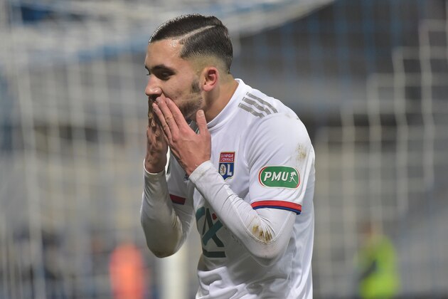 Lyons French forward Rayan Cherki celebrates after scoring a goal during the French Cup round of 64 football match between Bourg-en-Bresse (FBBP) and Lyon (OL) on January 4, 2020 at the Stade Marcel-Verchere Stadium in Bourg-en-Bresse. (Photo by ROMAIN LAFABREGUE / AFP) (Photo by ROMAIN LAFABREGUE/AFP via Getty Images)
