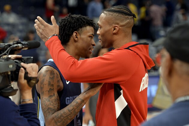 Memphis Grizzlies guard Ja Morant, left, and Houston Rockets guard Russell Westbrook talk after an NBA basketball game Monday, Nov. 4, 2019, in Memphis, Tenn. (AP Photo/Brandon Dill) Memphis Grizzlies guard Ja Morant, left, and Houston Rockets guard Russell Westbrook talk after an NBA basketball game Monday, Nov. 4, 2019, in Memphis, Tenn. (AP Photo/Brandon Dill)