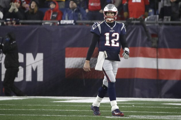 New England Patriots quarterback Tom Brady walks to the sideline after throwing an interception late in the second half of an NFL wild-card playoff football game against the Tennessee Titans, Saturday, Jan. 4, 2020, in Foxborough, Mass. (AP Photo/Elise Amendola)