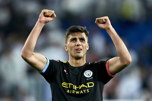 MADRID, SPAIN - FEBRUARY 26: Rodri Hernandez of Manchester City celebrates after winning during the UEFA Champions League round of 16 first leg match between Real Madrid and Manchester City at Bernabeu on February 26, 2020 in Madrid, Spain. (Photo by Mateo Villalba/Quality Sport Images/Getty Images)