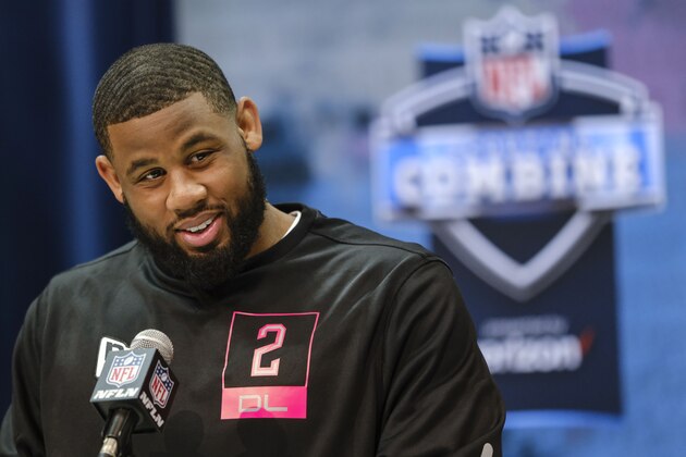 TCU defensive lineman Ross Blacklock speaks during a press conference at the NFL football scouting combine in Indianapolis, Thursday, Feb. 27, 2020. (AP Photo/AJ Mast)