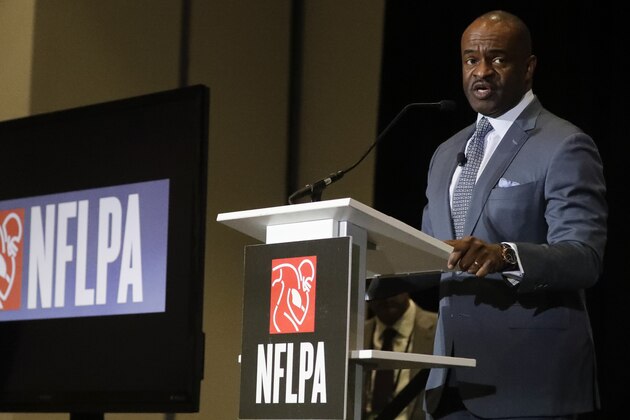 Executive director DeMaurice Smith, of the NFL Players Association, speaks at the annual state of the union news conference Thursday, Jan. 30, 2020, in Miami Beach, Fla., The San Francisco 49ers will face the Kansas City Chiefs in the NFL Super Bowl 54 football game Sunday. (AP Photo/Chris Carlson)