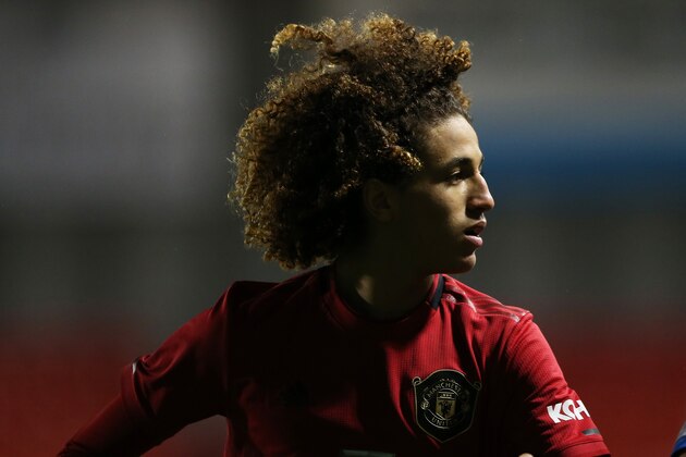 LEIGH, ENGLAND - DECEMBER 13: Hannibal Mejbri of Manchester United reacts during the FA Youth Cup Third Round match between Manchester United and Lincoln City at Leigh Sports Village on December 13, 2019 in Leigh, England. (Photo by Charlotte Tattersall/Getty Images)