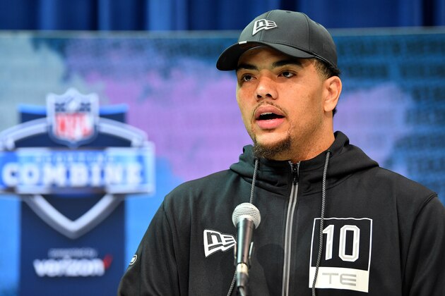 INDIANAPOLIS, INDIANA - FEBRUARY 25: Thaddeus Moss #TE10 of LSU interviews during the first day of the NFL Scouting Combine at Lucas Oil Stadium on February 25, 2020 in Indianapolis, Indiana. (Photo by Alika Jenner/Getty Images)